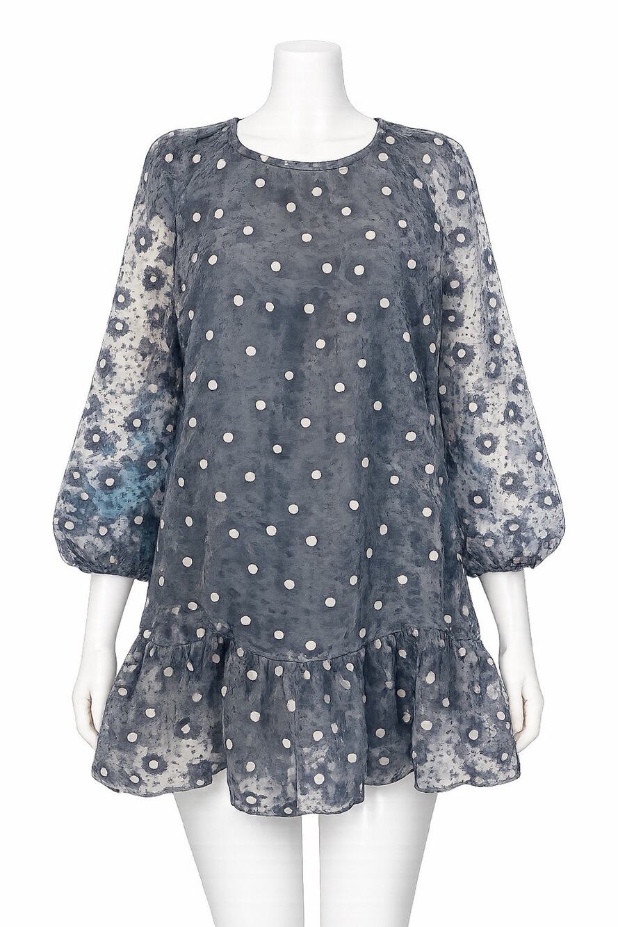 Zara Sheer Babydoll Mini Dress Blue Gray Polka Dot Floral Organza Puff Sleeve